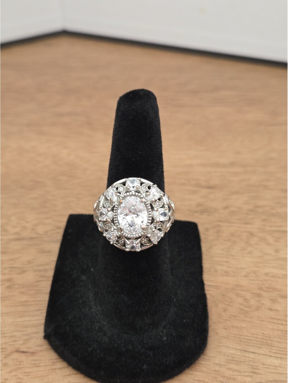 Silver Tone Halo CZ Cocktail Ring Oval Clear Stone Filigree Size 5 Statement